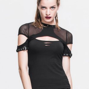 Gothic Top Halloween Costume Women Black Cut Out Lace Up Punk Rave T Shirt