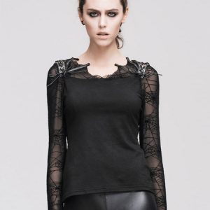 Gothic Top Halloween Costume Women Black Long Sleeve Spider Web Patchwork T Shirt