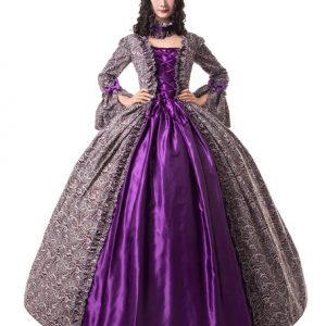 Grape Retro Costumes Victorian Era Style Matte Satin Halloween Dress Ruffle Lace Up Women Vintage Clothing