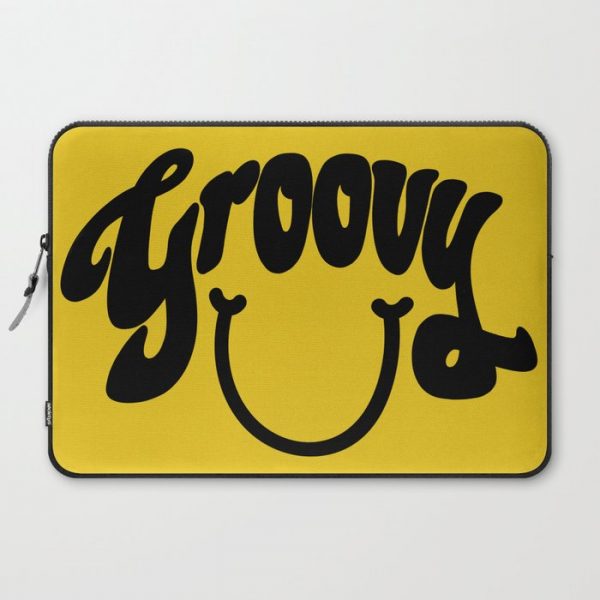 Groovy Smile // Black Smiley Face Fun Retro 70s Hippie Vibes Mustard Yellow Lettering Typography Art Computer Cover by mightyfacedesigns - Laptop Slee