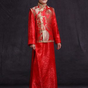 Halloween Chinese Costume Fancy Dress Ancient Groom Gentlemen Costume Red Satin Embroidered Gown Set In 3 Piece