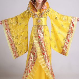 Halloween Chinese Costume Fancy Dress Tang Ancient Costume Empress Yellow Satin Dress Set In 3 Piece With Train