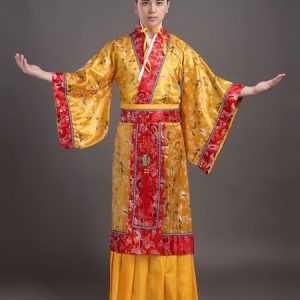 Halloween Chinese Costume Gold Emperor Long Gown With Sash And Hat For Men