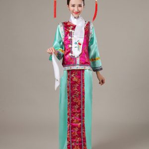 Halloween Chinese Costume Mahogany Satin Color Block Long Dress With Waistcoat For Women