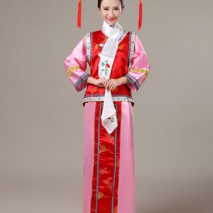 Halloween Chinese Costume Mahogany Satin Color Block Long Dress With Waistcoat For Women