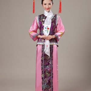 Halloween Chinese Costume Mahogany Satin Color Block Long Dress With Waistcoat For Women