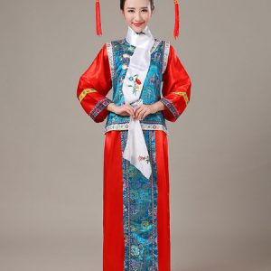 Halloween Chinese Costume Mahogany Satin Color Block Long Dress With Waistcoat For Women