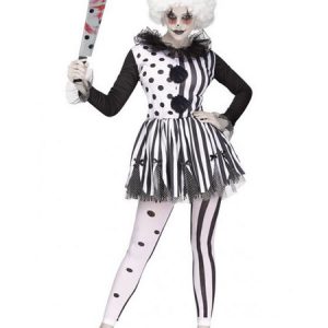 Halloween Clown Cosplay Costume Adult Women Black Striped Dress And Headpieces