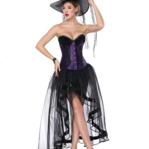 Halloween Costume Gothic Purple Women Asymmetrical Skirt And Corset Cincher