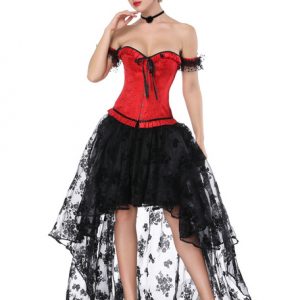 Halloween Costume Gothic Women Red Vintage Corset Top High Low Skirt