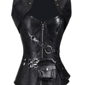 Halloween Costume Steampunk Corset Top Black Women Metallic Chains Jacquard Waist Trainer