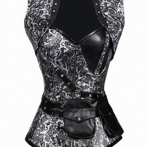 Halloween Costume Steampunk Corset Top Black Women Metallic Chains Jacquard Waist Trainer