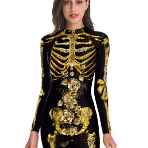 Halloween Costumes Black Gold Adult's 3D Print Scary Mini Dress Polyester Halloween Bodycon Holidays Costumes