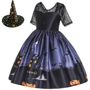 Halloween Costumes For Kids Lace Pleated Print Black Kid Dress