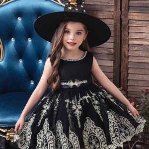 Halloween Costumes For Kids Red Witch Lace Hot Stamping Dress With Hat