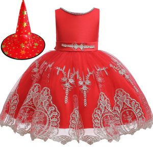 Halloween Costumes For Kids Red Witch Lace Hot Stamping Dress With Hat