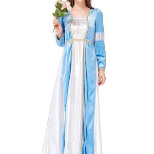 Halloween Costumes Light Sky Blue Retro Costumes Women's Two-Tone Costume Pleated Lace Matte Satin Headwear Dress Vintage