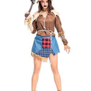 Halloween Costumes Woman Scarecrow Costume Plaid Overskirt Oversleeves Denim Halloween Holidays Costumes