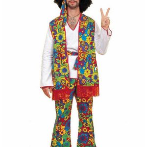 Halloween Hippie Costume Retro Men Floral Print Green Pants And Vest Costume Set