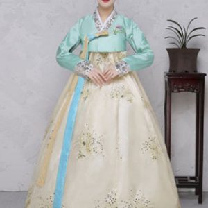 Halloween Korean Costume Satin Women's Floral Printed Maxi A Line Dress Hanbok Costume Set