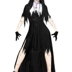 Halloween Nun Costumes Black Women Ragged Fringe Dress Set Holidays Costumes