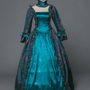 Halloween Retro Costume Victorian Dress Baroque Masquerade Ball Gowns Blue Floral Long Sleeve Vintage Costume