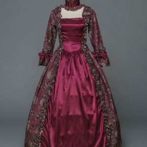 Halloween Retro Costume Victorian Dress Baroque Masquerade Ball Gowns Burgundy Floral Long Sleeve Vintage Costume