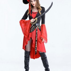 Halloween Sexy Costumes Pirate Women's Red Dress With Pirate Hat Halloween