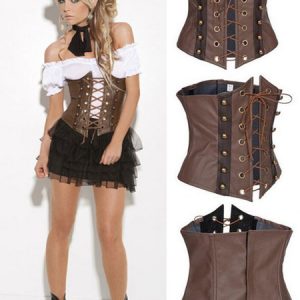 Halloween Steampunk Corset Women's Brown Lace Up PU Retro Costume Halloween