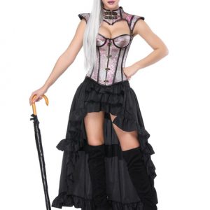 Halloween Steampunk Costume Women Pink Tiered Ruffles Skirt And Corset