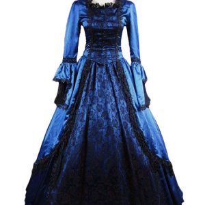 Halloween Vintage Costume Blue Lace Ruffles Long Sleeve Victorian Era Long Party Dresses Halloween