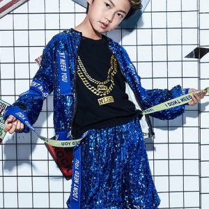 Hip Hop Dance Costumes Boys Blue Sequin Letters Print Street Dancing Costume