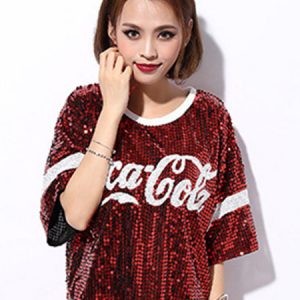 Hip Hop Dance Sequin Costume Red Women Glitter Sequin T Shirt Top Dancing Clothes