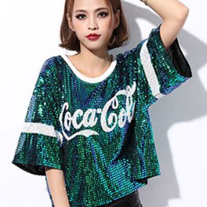 Hip Hop Dance Sequin Costume Red Women Glitter Sequin T Shirt Top Dancing Clothes