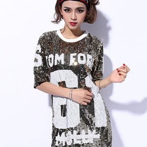 Hip Hop Dance Sequin Costume Sexy Red Glitter Women Letter Printed Dancing Top