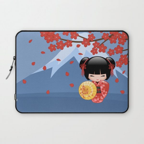 Japanese Red Sakura Kokeshi Doll on Blue Computer Cover by Natalia Linnik - Laptop Sleeve - 13"