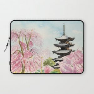 Japanese Temple Watercolor Painting print by Suisai Genki , To-ji, Kyoto , Sakura , Cherry blossom Computer Cover by SuisaiGenki - Laptop Sleeve - 13"