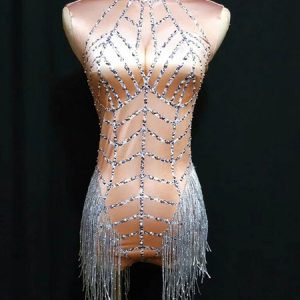 Jazz Dance Costume Halloween Sexy Women Beading Tassels Mini Jumpsuits