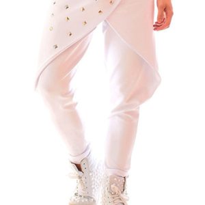 Jazz Dance Costume Men Pants White Beaded Hip Hop Dancing Bottoms