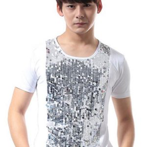 Jazz Dance Costume Men Sequin Glitter T Shirt Short Sleeve Hip Hop Dancing Wear