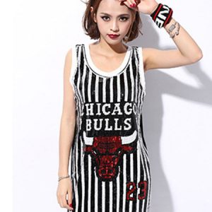 Jazz Dance Costume Red Sequin Vest Women Striped Bull Printed Hip Hop Dancing T Shirt Dress