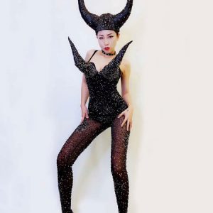 Jazz Dance Costume Sexy Women Jumpsuit Black Beading Nightclub Wear Halloween