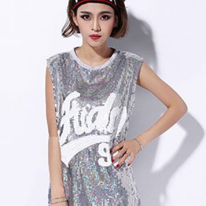 Jazz Dance Costume Women Sequin Glitter Printed Hip Hop T Shirt