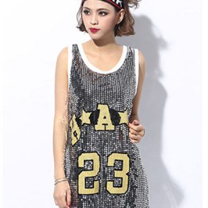 Jazz Dance Costume Women Sequin Vest Printed Glitter Hip Hop T Shirt Dress