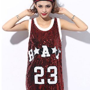 Jazz Dance Costume Women Sequin Vest Printed Glitter Hip Hop T Shirt Dress