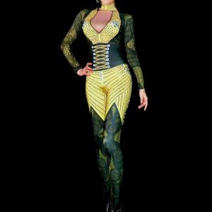 Jazz Dance Costume Yellow Long Sleeve V Neck Sexy Costume For Women