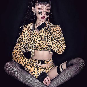 Jazz Dance Costumes Women Leopard Print Overcoat Shorts Bra Set Club Dancing Wear Halloween