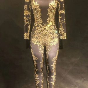 Jazz Dance Jumpsuits Gold Beading Printed Long Sleeve Sexy Nightclub Costumes For Women