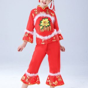 Kid Chinese Costumes Red Flower Dance Costumes Top With Pants Outfit