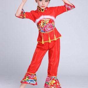 Kid Chinese Costumes Red Peony Flower Outfit Carnival Costumes